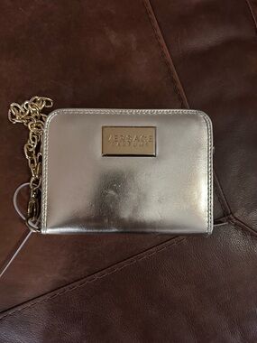 Versace Parfums Gold Metallic Zip Wallet Clutch Chain Wristlet Organizer Bag